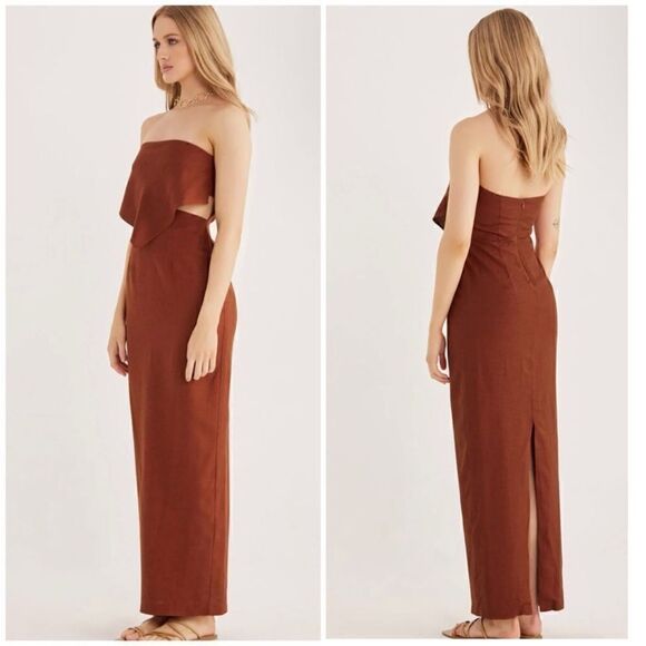 Rumer Roam Bandana Maxi Linen Chocolate‎ Brown Cutouts Dress Med NWT - Picture 1 of 11